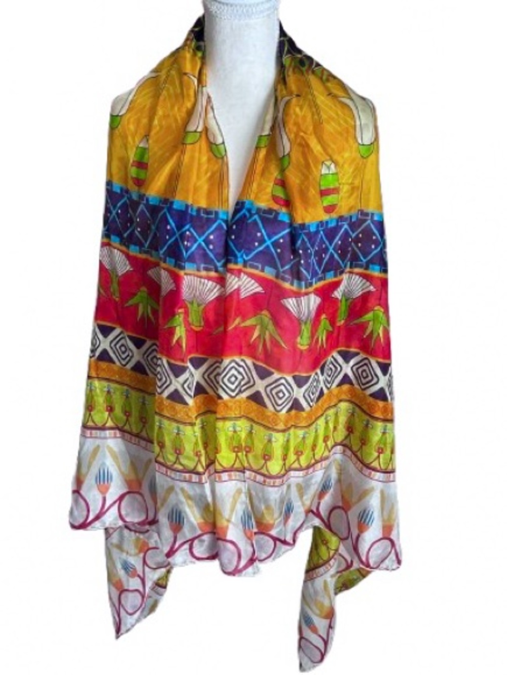Handmade Large Bohemian Art Deco 100 Silk Scarf Boho Floral Wrap Shawl Patchwork - Picture 12 of 13
